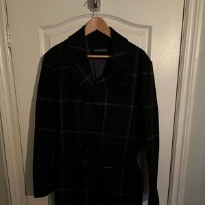 John Varvatos blue checker coat with waist belt. Men’s medium. Great condition